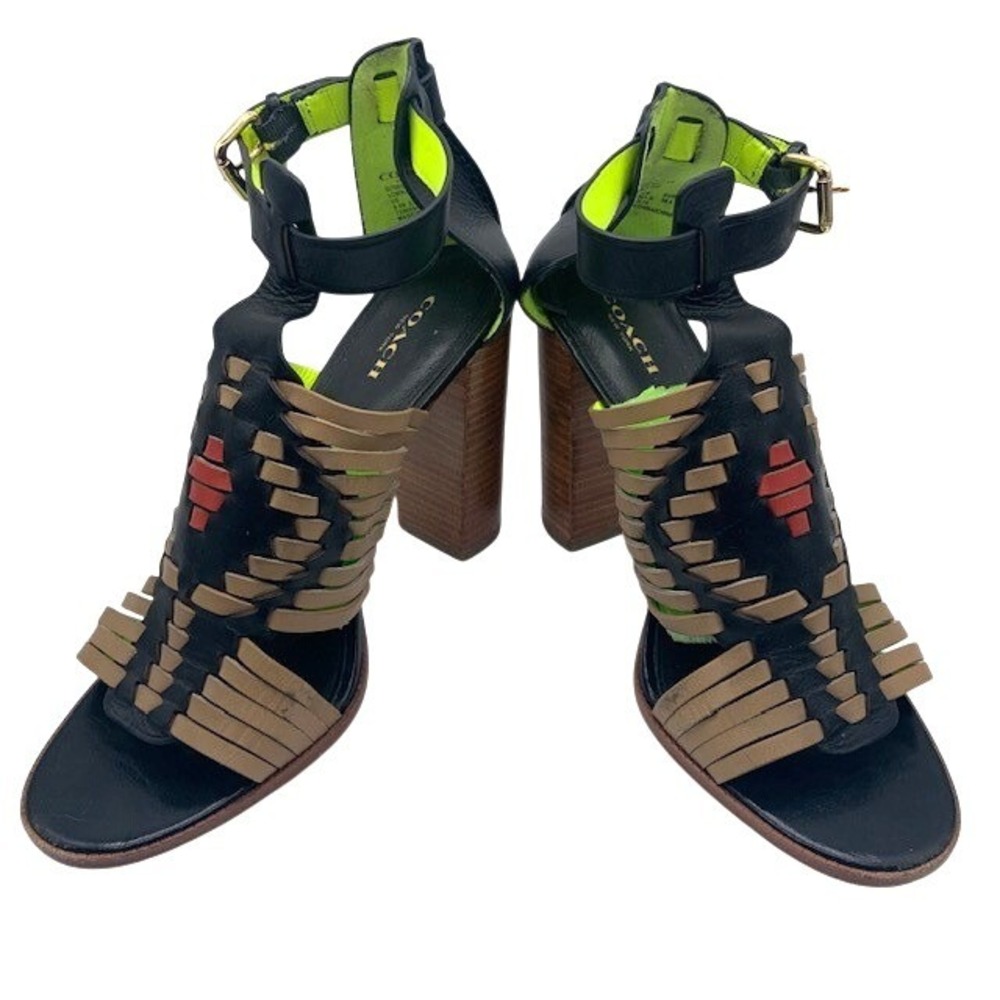 Coach Lorrie Sandals 9.5B Woven Leather Block Heel Boho Southwestern Festival